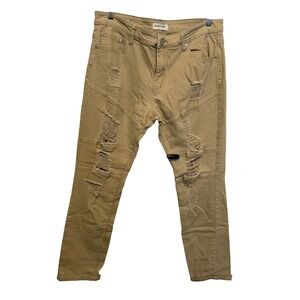 Blind Trust Mens Distressed Moto Biker Jeans Khaki Tan Ripped Knee Panels 38" 32